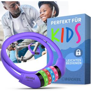 Büchel Bike Locks Cable for Kids - Colorful & Keyless - Secure Your Child's Bike - Easy-to-Use Bicycle Accessory, High Security 5 Digit Resettable Combination Coiling Bicycle Lock, Anti Theft Purple