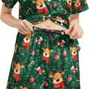 Womens Pajamas Set 2 Piece Satin Short Sleeved Pjs Button Notch Collar Loungewear Party Sleepwear Sets (Green, M)