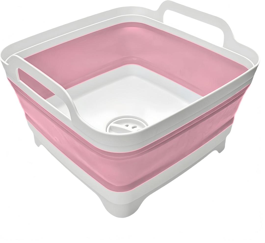 Collapsible Wash Basin 9L, Foldable Dish Tub with Drain Plug, Portable Collapsible Dish Basin, Camping Sink for Washing Dishes, Laundry & Kitchen Use (Pink)