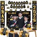 Graduation Decorations 2026 Set Black Gold, Congrats Grad Decor Set with Banner Backdrop Porch Sign,Hanging Swirls Honeycomb Centerpieces Balloons for Grad Party Decorations(Gold)
