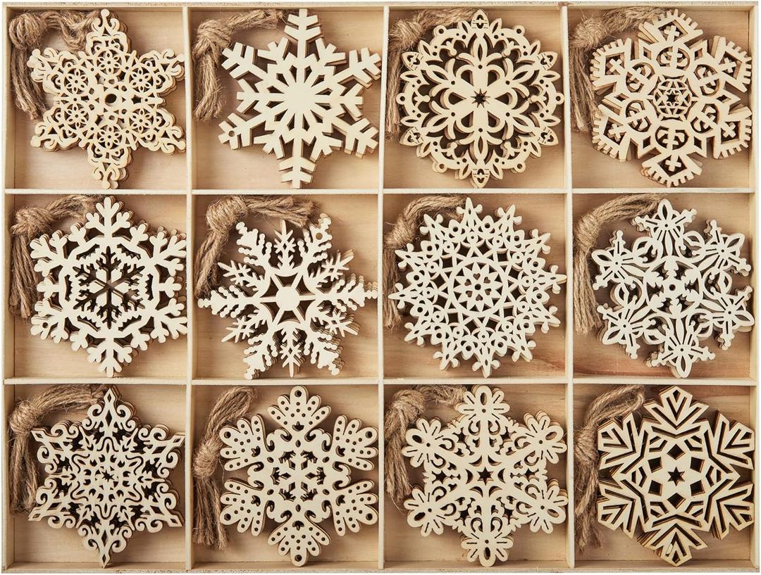 JOIEDOMI 60pcs Christmas Wooden Snowflake Hanging Ornaments Snowflakes Christmas Ornaments for Holidays, Christmas Tree Decoration, Christmas Party Holiday Decor