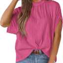 PRETTYGARDEN Women's Tops 2025 Summer Casual Crewneck Short Sleeve Textured Shirts Going Out Work Blouse Basic Tunic Top (Pink, L)