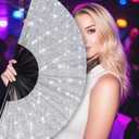 3 x Large Hand Fan Folding Rave Fans(White)-Premium Glitter Fabric & Portable Bamboo Frame for Line Dancing,EDM Festivals Gift,Club Parties,Kung Fu (silver)