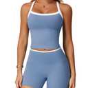 Women 2 Piece Workout Sets Padded Criss Cross Back Crop Tank High Waist Tummy Control Shorts Yoga Outfits, S