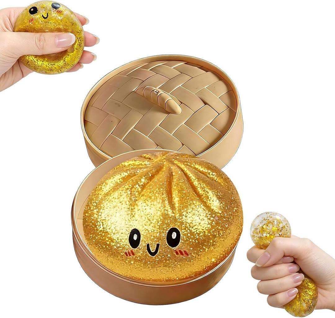 Dumpling Squishy, New Mystery Glitter Dumpling Squishies with Steamer, Sensory Squeeze Toy for Stress Relief, Soft Decompression Dough for Adults Office and Home Use(Golden)