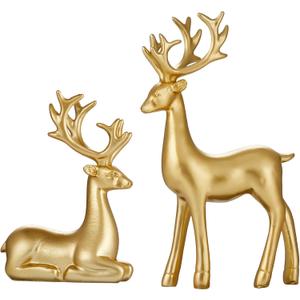 2PCS Carved elk Statue Resin Ornaments, Christmas Reindeer Fortune Seeking Decoration Modern Retro Art Standing and Sitting Posture, Applicable to Living Room and Bedroom (Pure Gold)