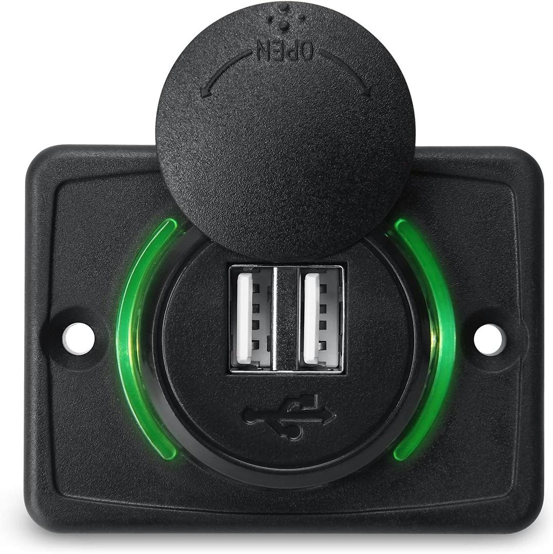 12V RV USB Charger, Quick Charger 3.0 Wall Mount USB Charging Station with Green Indicator Light and Cap for Car Camper Boat Marine SUV ATV (Black A74)
