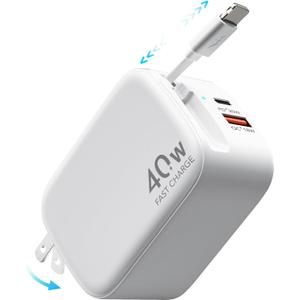 Retractable Wall Charger,40W PD Fast USB Charger Block with Retractable Lightening Cables for iPhone,Portable Adapter with Foldable Plug for iPhone14/13/12,iPad,Air-Pods