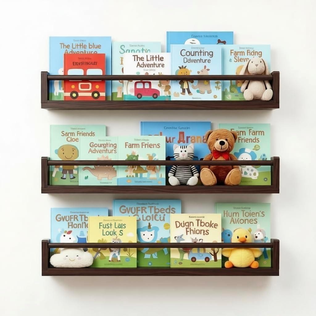 Set of 3 Kids Floating Bookshelves Deep Walnut 24 Inch Wall Mounted Nursery Book Shelves with Safety Rail Ideal Storage & Display Shelf for Nursery, Bedroom, and Playroom