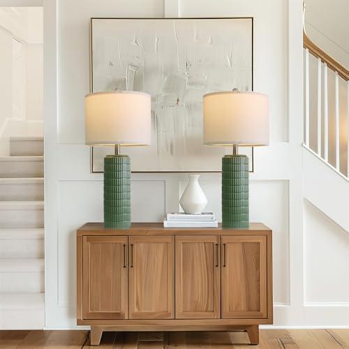 PoKat 27.5" Dark Green Ceramic Table Lamps for Living Room, Farmhouse Table Lamps Set of 2 for Bedroom Night Stands, Modern Bedside Lamps for End Side Table, Vintage Nightstand Decor Lamps Home Office