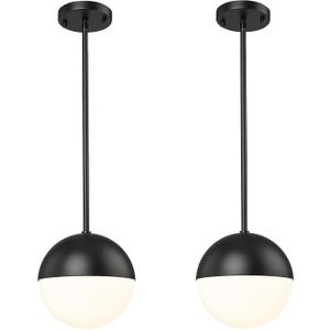 2-Pack Matte Black Pendant Lights, White Globe Glass, Adjustable Rod