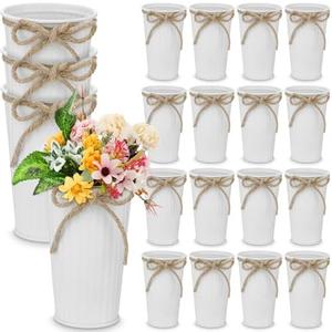 Ziliny 10 Pack 4.3 Inch Galvanized Metal Flower Vases Bulk Small Floral Flower Bucket Rustic Vintage Farmhouse Vases for Centerpiece Country Wedding Party Decor Western Home Table(White)