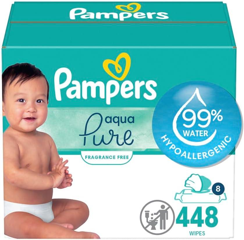 Pampers Baby Wipes Aqua Pure, 99% Water Based Wipes, Hypoallergenic and Unscented Infant Wipe, 448 Total (8 Flip-Top Packs) Pampers Baby Wipes Aqua Pure, 99% Water Based Wipes, Hypoallergenic and Unscented Infant Wipe, 448 Total (8 Flip-Top Packs)
