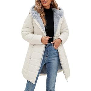 Women's Puffer Coat Winter Long Quilted Jacket Zip Up Fleece Lined Down Jacket Windproof Warm Thicken Hooded Parka Coat (XX-Large, Beige)