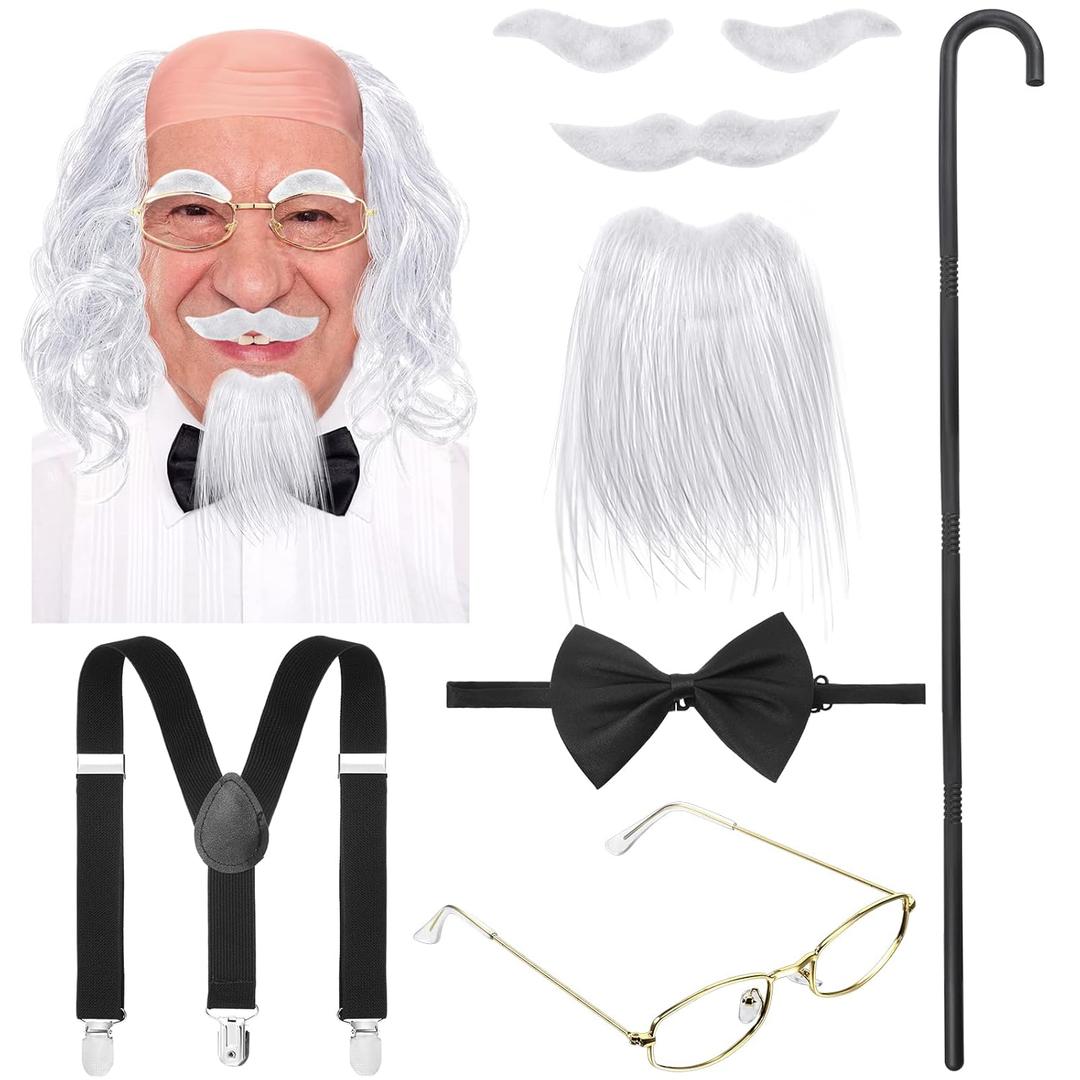 WILLBOND 8 Pieces Old Man Costume Grandpa Costume, Wig Walking Cane Glasses Faux Eyebrows Artificial Mustache Suspenders Bow Tie(Silver White)