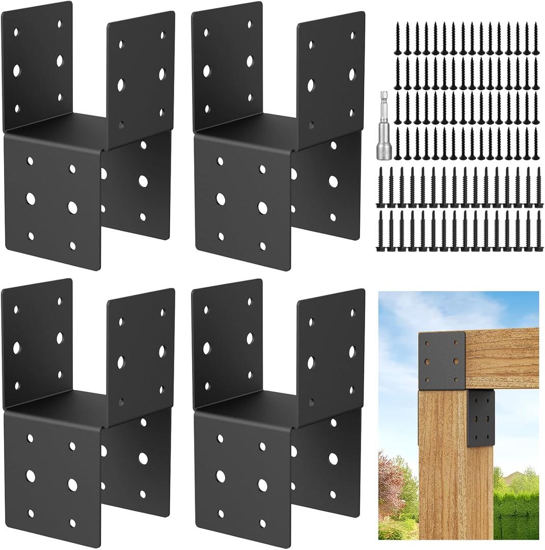 4 Pcs Heavy-Duty Post Brackets Kit - 4x4 Wood Deck Mounting, 14-Gauge Steel Base & Anchor Connectors with Screws, Secure Brackets for Wood Posts to Decks (4pcs Caps Tie Bracket)