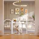 BHG Metal No-Assembly Freestanding Dog Gate with Door Walk Through, Extra Wide 80", Extra Tall 30" Pet Gate, Accordion Puppy Folding Playpen Dog Fence for Indoor & Outdoor, with 2PCS Support - White