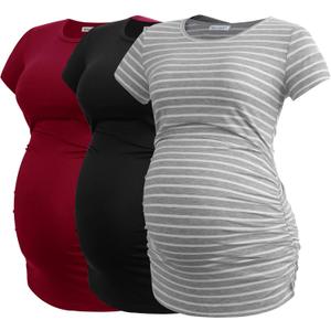 Smallshow Women's Maternity Tops Side Ruched Tunic T-Shirt Pregnancy Clothes (X-Large, Black/Light Grey Stripe/Wine)