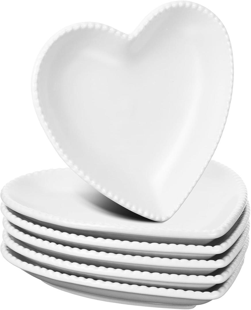 Meanplan 6 Pcs Heart Shaped Plates Ceramic 6.9 Inches Salad Ceramic Graduation Plates Dinner Heart Shaped Serving Dish Dessert Elegant for Kitchen Steak Snacks(White)