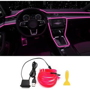 EL Wire Interior Car LED Strip Lights, 16.5FT USB Neon Glowing Strobing Electroluminescent Wire Strip with 6mm Sewing Edge, Ambient Lighting Kits for Car Home Decorations (Pink)