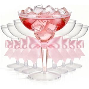 LemonRoad 24 Sets Clear Plastic Martini Glasses with Bows, 12 oz Disposable Plastic Margarita Cocktail Cups for Wine, Martini, Champagne (Pink, Classic)