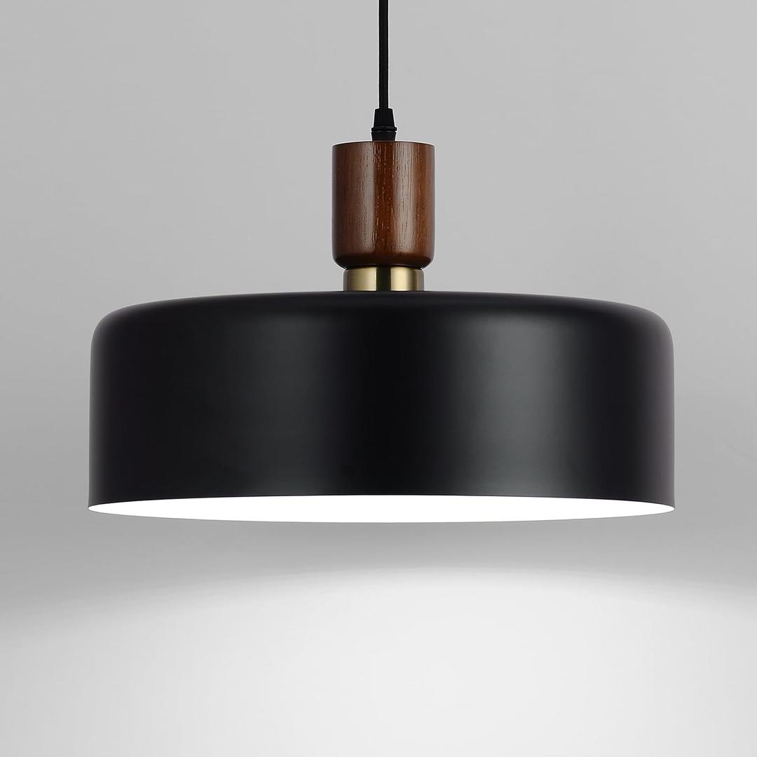 Modern Solid Wood Pendant Lights,13.8" Large Hammered Vintage Chandeliers,Black Finish Hanging Lighting Lamp,Industrial Drum Ceiling Light Fixtures for Dining Room,Kitchen Island, Farmhouse, 13.8in