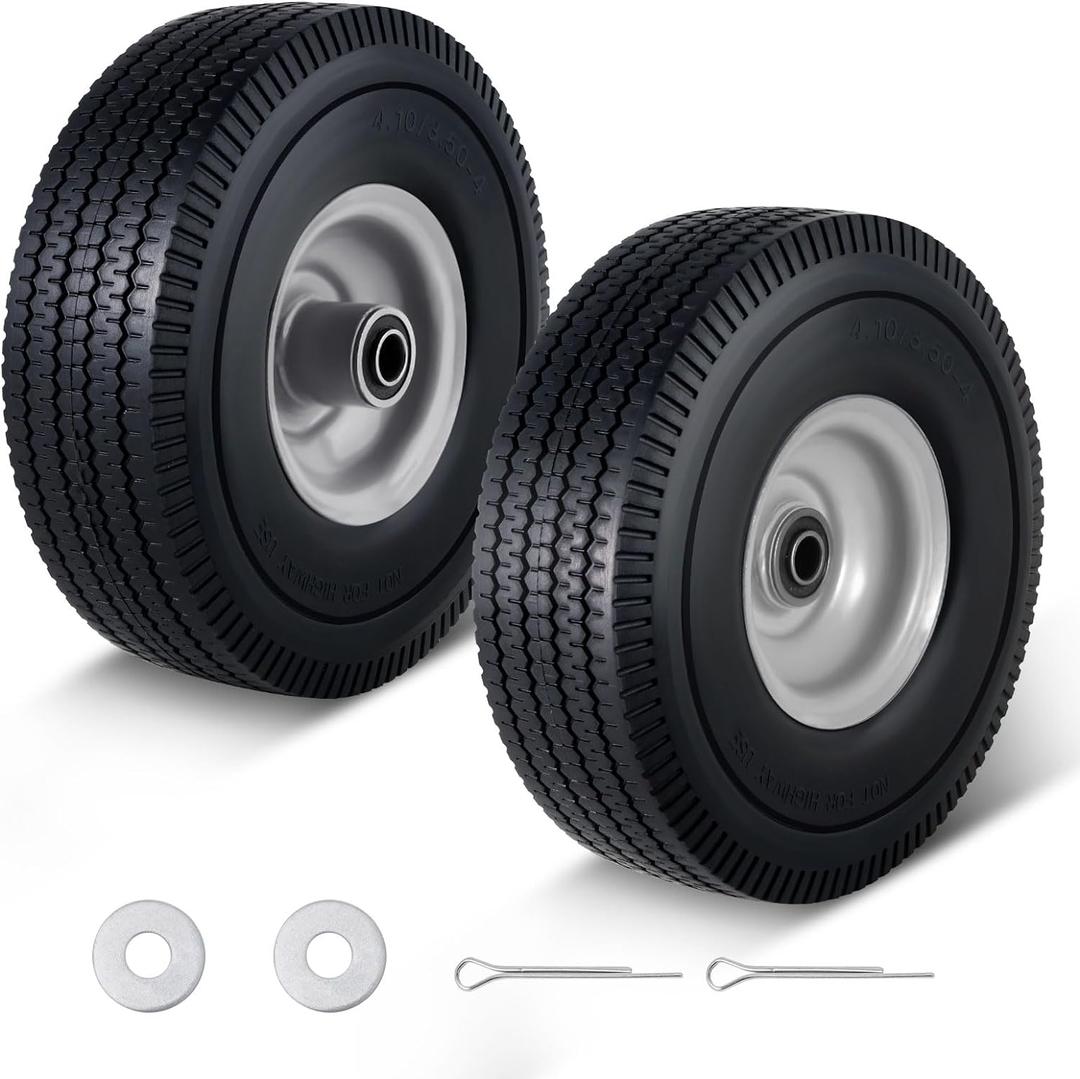 4.10/3.50-4 Tire and Wheel Flat Free, 10x3.50-4''Solid PU Run-Flat Rubber Wheel with 5/8''Axle Bore Hole&2.2''Offset Hub for Hand Truck Wagon Garden Cart Dolly Wheelbarrow Replacement 2Pack