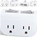 Grounded Double Outlet Power Adapter with Separate On/Off Switches 5 Pack,3 Prong 2 Port Electrical Plug Current Wall Tap for Cruise Ship, Hard-to-Reach Lamps, Kitchen Appliances,1875W/15A, ETL, White