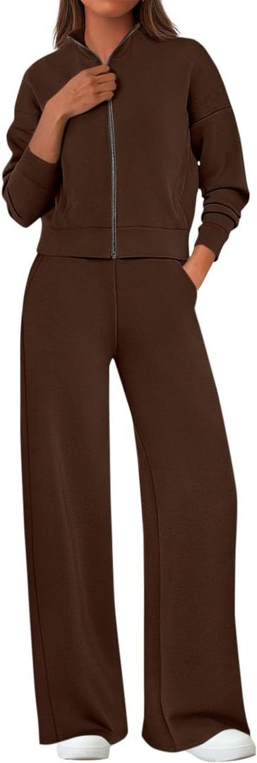 PRETTYGARDEN Womens 2 Piece Outfits Spring Sweatsuits Zip Up Sweatshirt Wide Leg Sweatpants Casual Tracksuit Lounge Sets (Small, Brown)
