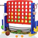 Giant 4-in-A Row Connect Game Set, Height Adjust Jumbo Yard Game for Kids & Adults w/Mesh Catching Bag, Basketball Hoop, Ring Toss & Mini Golf, Family Party 4-to-Score Indoor/Outdoor Games