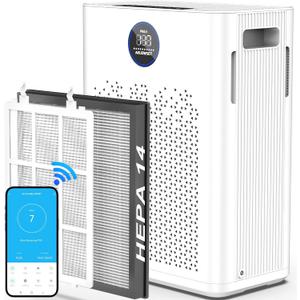 Air Purifier WiFi for Home Bedroom up to 2800ft with Washable Pre-Filter, Smart H14 True HEPA Filters Air Purifiers with Air Quality Monitor, 22dB Sleep Mode, White