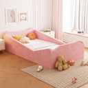 JOYMOR Toddler Bed, Floor Bed with Safety Guadrail, Montessori Toddler Bed with Animal Ear Shapes, Soft Velvet Wood Bed for Infant, Kids, Mattress not Included (Pink)