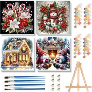 WUDWL 4 Pack Paint by Numbers Kit for Adults Framed Canvas, with Wooden Easel, Paint by Numbers for Kids Ages 8-12, Christmas DIY Acrylic Landscape Oil Painting Arts Crafts, 10x10in