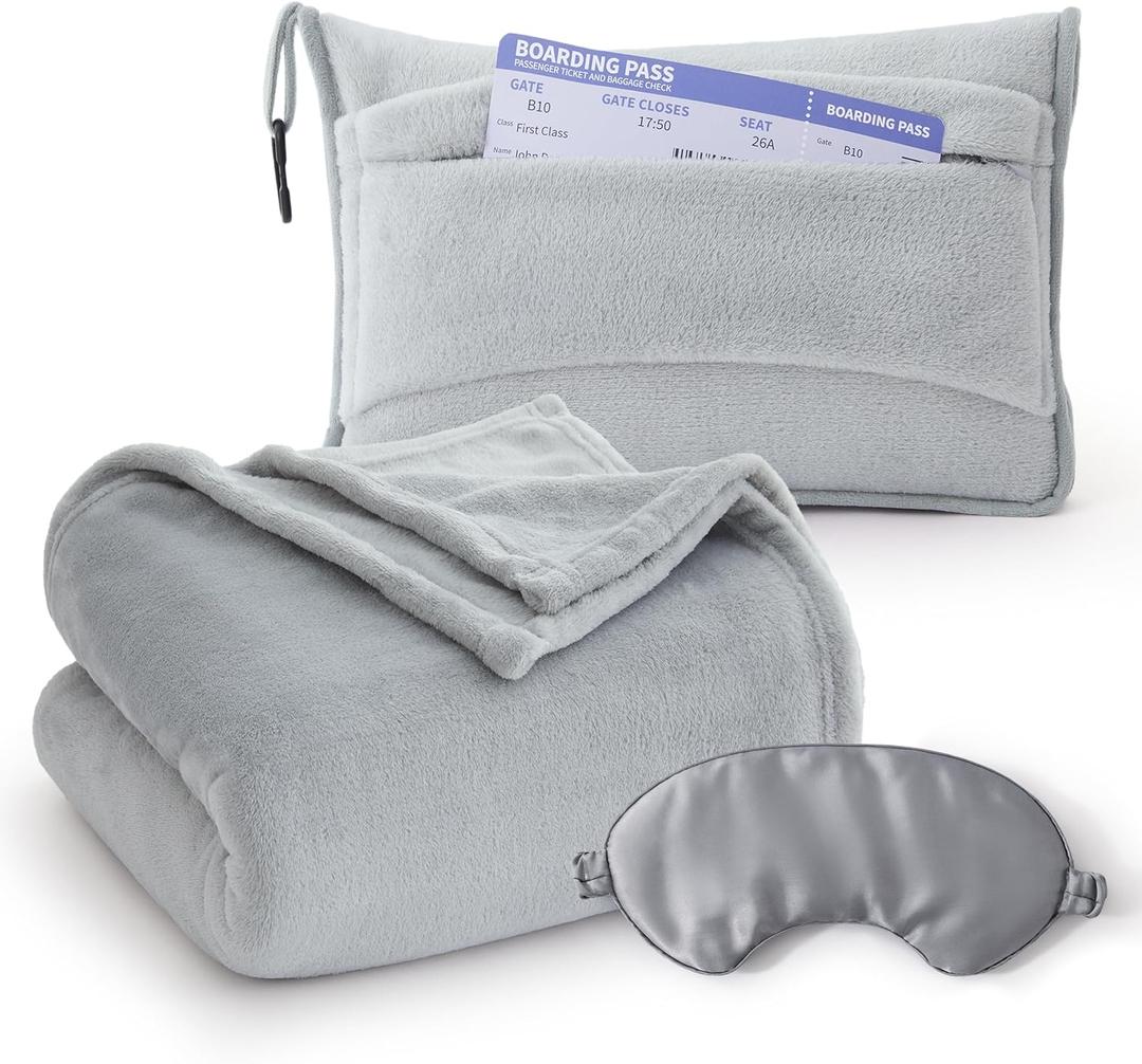 Bedsure Travel Blanket Airplane Compact with Storage Bag, Packable Blanket with Eye Mask, Lightweight 2-in-1 Travel Essentials, Functioned as Pillow for Airplane Comfort and Warmth, Grey (Throw)