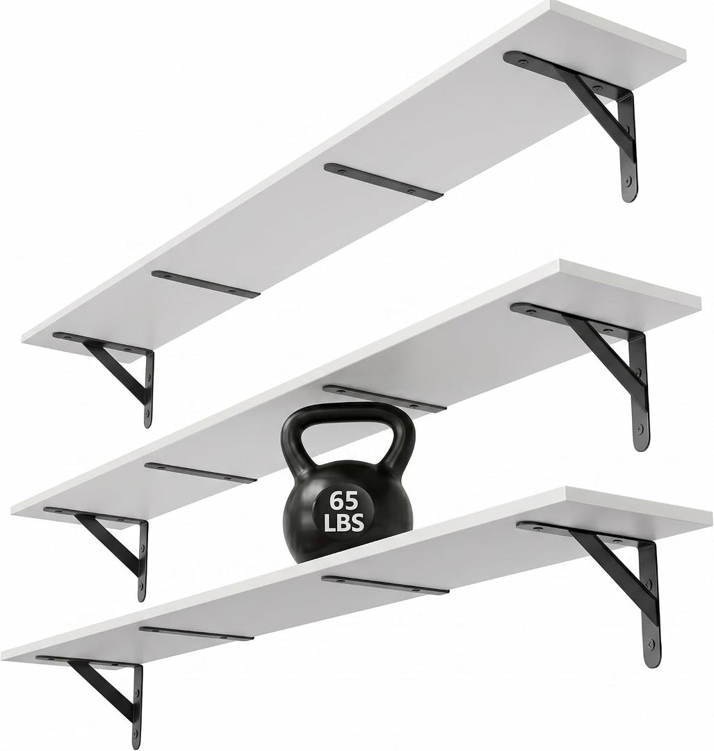 WOPITUES Floating Shelves for Wall 48W x 8D, Long Wall Mounted Shelves Set of 3, Wood Book Shelves Decor, Farmhouse Display Shelf for Bedroom, Living Room, Laundry Room, Kitchen, Bathroom, White