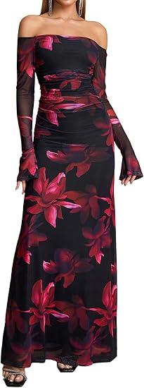 Women Fall Long Sleeve Floral Bodycon Maxi Dress Sexy Off Shoulder Ruched Wedding Guest Formal Party Long Dresses, Black, S
