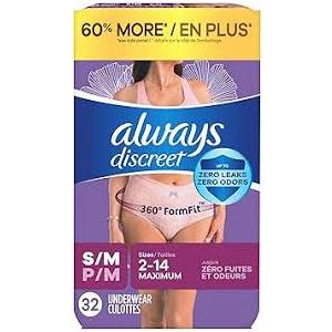 Always Discreet Adult Diapers for Women, Incontinence Underwear, Postpartum Essentials, Disposable Briefs, Max Absorbency, Bladder Leak Protection, Small/ Medium, 32ct