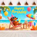 Happy Birthday Banner Beach with Dachshund Dog Decration for Tropical Birthday Party Summer Dog Themed Celebration Hawaiian Event Decor Supplies Photography Background 71x43 Inch