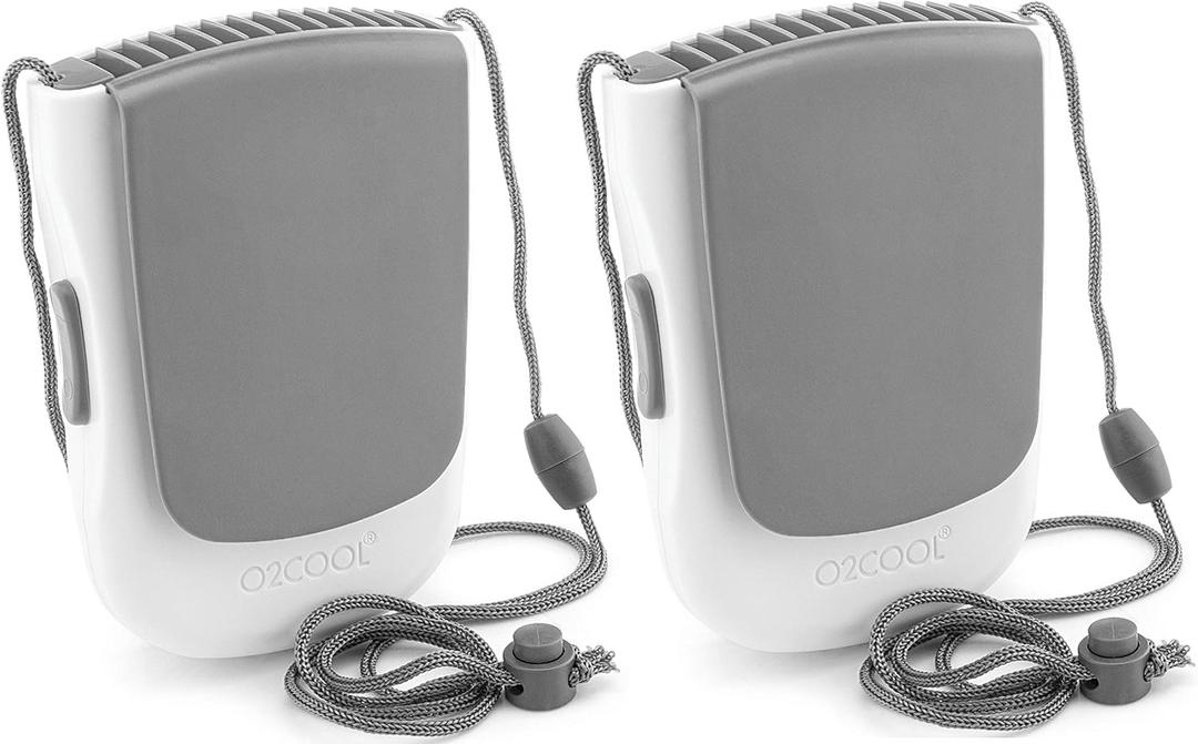 O2COOL Deluxe Necklace Fan | Battery Powered, Hands-Free Personal Cooling Fan w/Adjustable Lanyard, Table Top Stand + Wearable Clip - Gray (2 Pack)