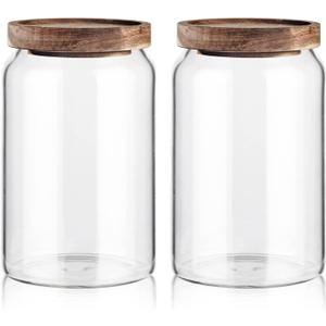 Labina Glass Storage Container Airtight Food Jars Kitchen Canister with Wood Lids, 33 Oz Wide Mouth Pantry Organization Glass Jar for Flour, Sugar, Cookie, Spagetti, Nuts and Candy (2 Pack)