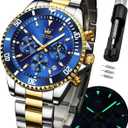 OLEVS Watches for Men Stainless Steel Analog Quartz Chronograph Moon Phase Watch Waterproof Date Luminous Wrist Male Watches,Gift for Men (Blue)