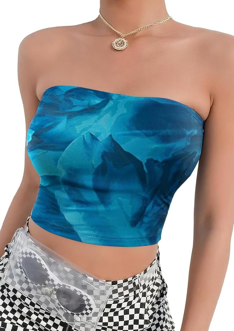 qdl Floral Tie Dye Tube Top Women Y2k Strapless Tops Ruched Sleeveless Strapless Crop Tank (Blue, S)