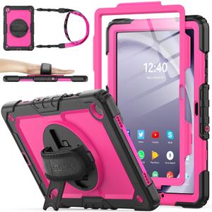 SEYMAC stock Case for Samsung Galaxy Tab A9+ Plus 11'', Full-Body Drop Protection Case with Screen Protector Pencil Holder [360 Rotating Hand Strap] &Stand, Pink+Black