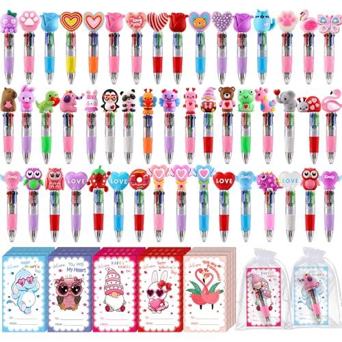 SZCECHRE 50 Pack Valentines Day 4-in-1 Multicolor Cute Animal Pens with Valentines Cards Bags Retractable Fun Ballpoint Pens Bulk for Classroom Prize Office School Gift Exchange