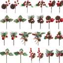 Artificial Christmas Pine Picks Christmas Berries Artificial Stem with Pinecones Apples Bells Christmas Flower Picks for Christmas Tree Wreath Arrangement Winter Holiday Decor (Green)