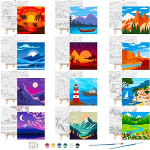 Tenceur 12 Sets Pre Drawn Canvas to Paint Kid Adult Stretched Coloring Painting Canvas Panels with Design Easel and Brushes for Party Supplies Beginner Favor(Landscape)