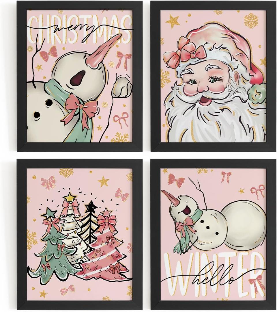 DSHFG Pink Christmas Pictures Wall Decor Prints 4Pcs, Pink Christmas Bathroom Bedroom Wall Art, Snowman Santa Claus Decor Posters, Xmas Decorations for Home, 8x10 Unframed