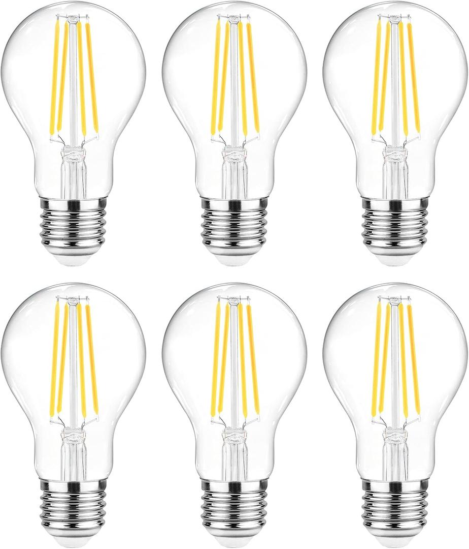 Ascher 60 Watt Equivalent, E26 LED Filament Light Bulbs, Daylight White 4000K, Non-Dimmable, Classic Clear Glass, A19 LED Light Bulb with 80 CRI, Pack Of 6