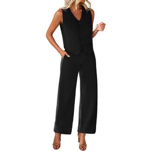 KIRUNDO Womens Two Piece Outfits Summer Fashion Button V Neck Crop Vest Blazer and Wide Leg Pants Suit Matching Sets (X-Small, Black)