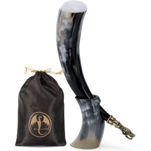 Viking Drinking Horn XL with Brass Fenrir Wolf Tip | Handcrafted Natural Ox Horn | Food Safe Polished Finish | Unique Norse Viking Gift for Men & Women | Medieval Mead